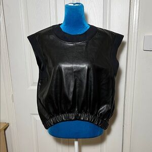 Black Faux Leather Elastic Hem Women's Top